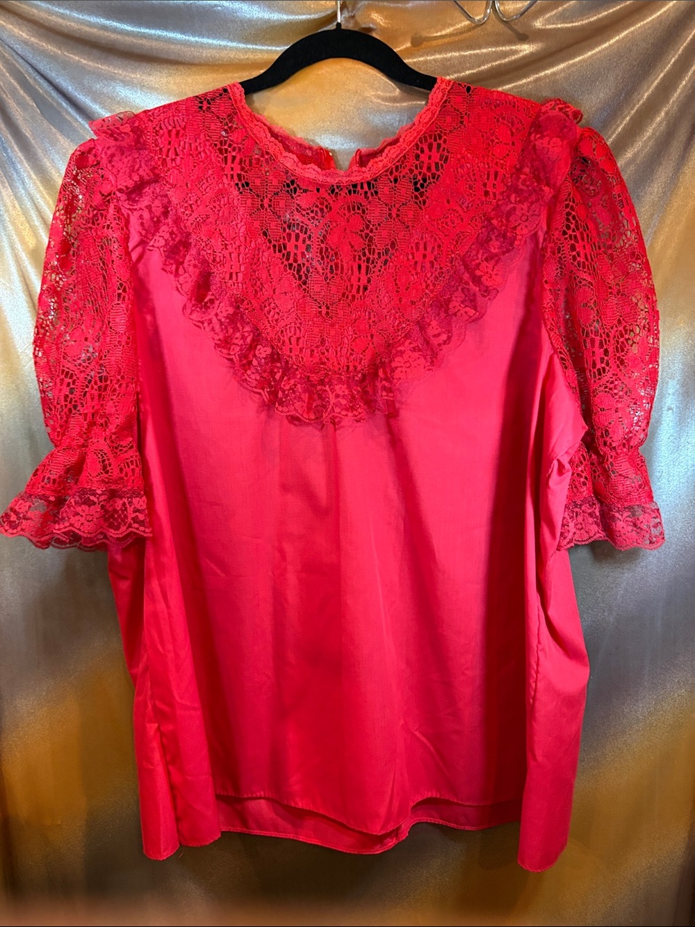 Vintage‎ 89’s Square Up Lace Yoke Short Sleeve Blouse red. 222